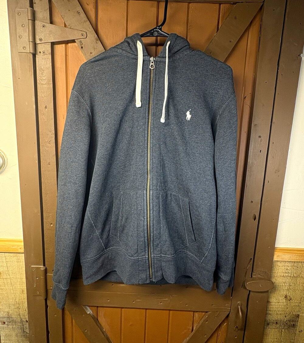 Polo Ralph Lauren Full Zip Hoodie Men’s L Gray Solid Embroidered Logo Pockets